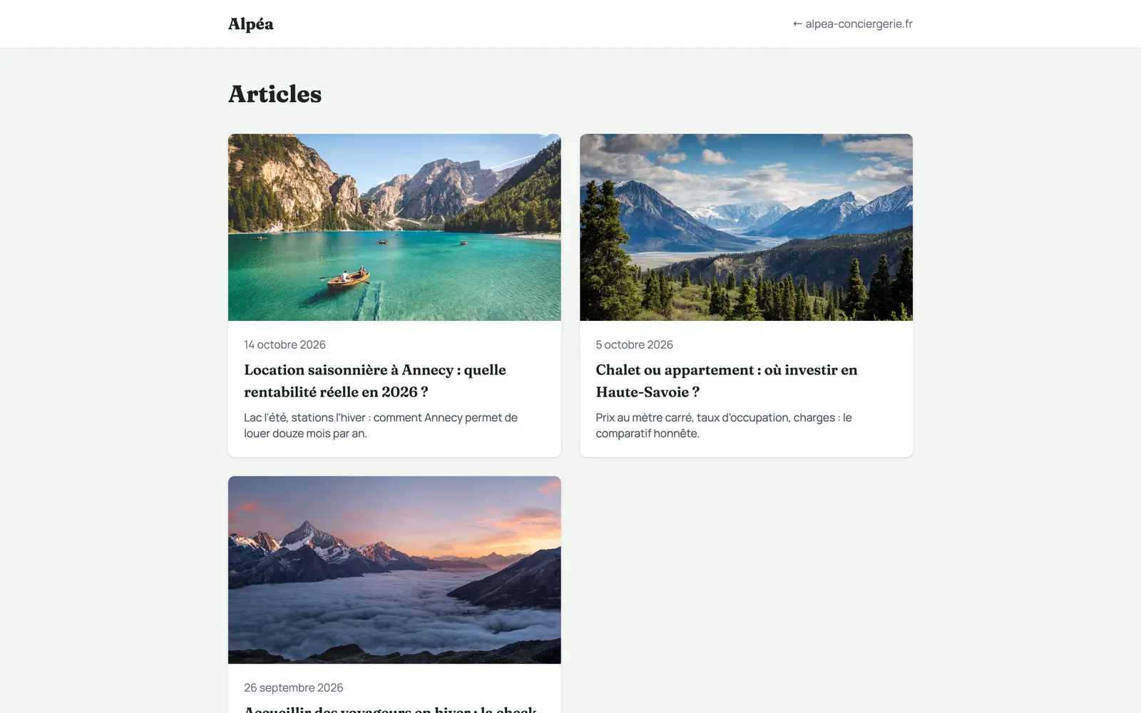 Démo de blog pour une conciergerie d’Annecy, identité vert sapin