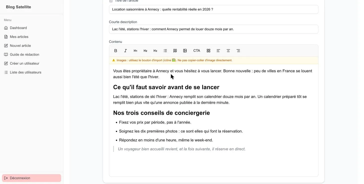 Éditeur d’article du blog satellite avec titres, listes et citation