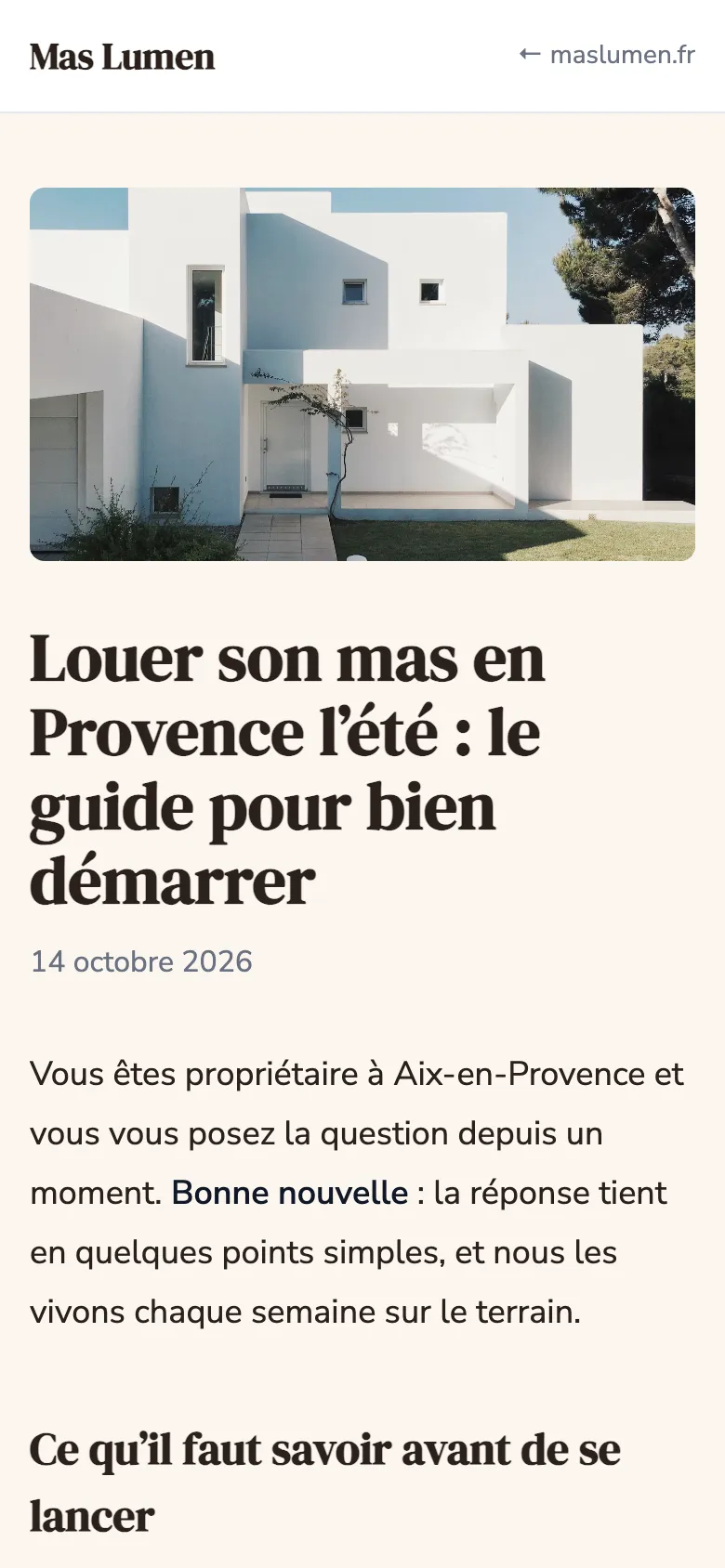 Démo de blog pour un mas en Provence, identité terracotta, sur mobile