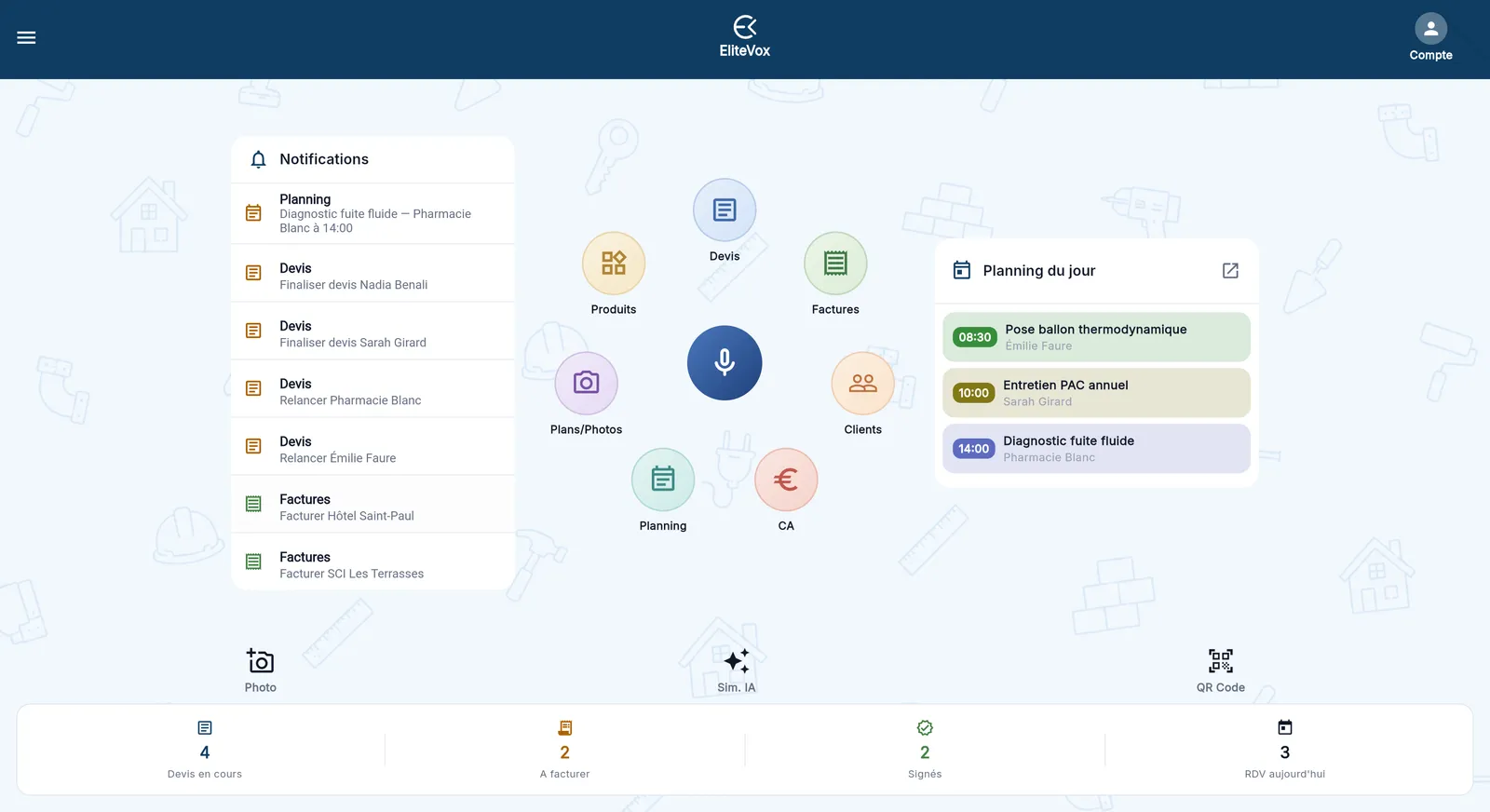 Accueil Elitevox : modules devis, factures, clients, planning et commande vocale en cercle
