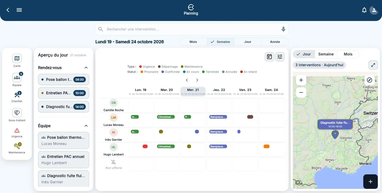 Planning d’équipe Elitevox avec interventions de la semaine et carte