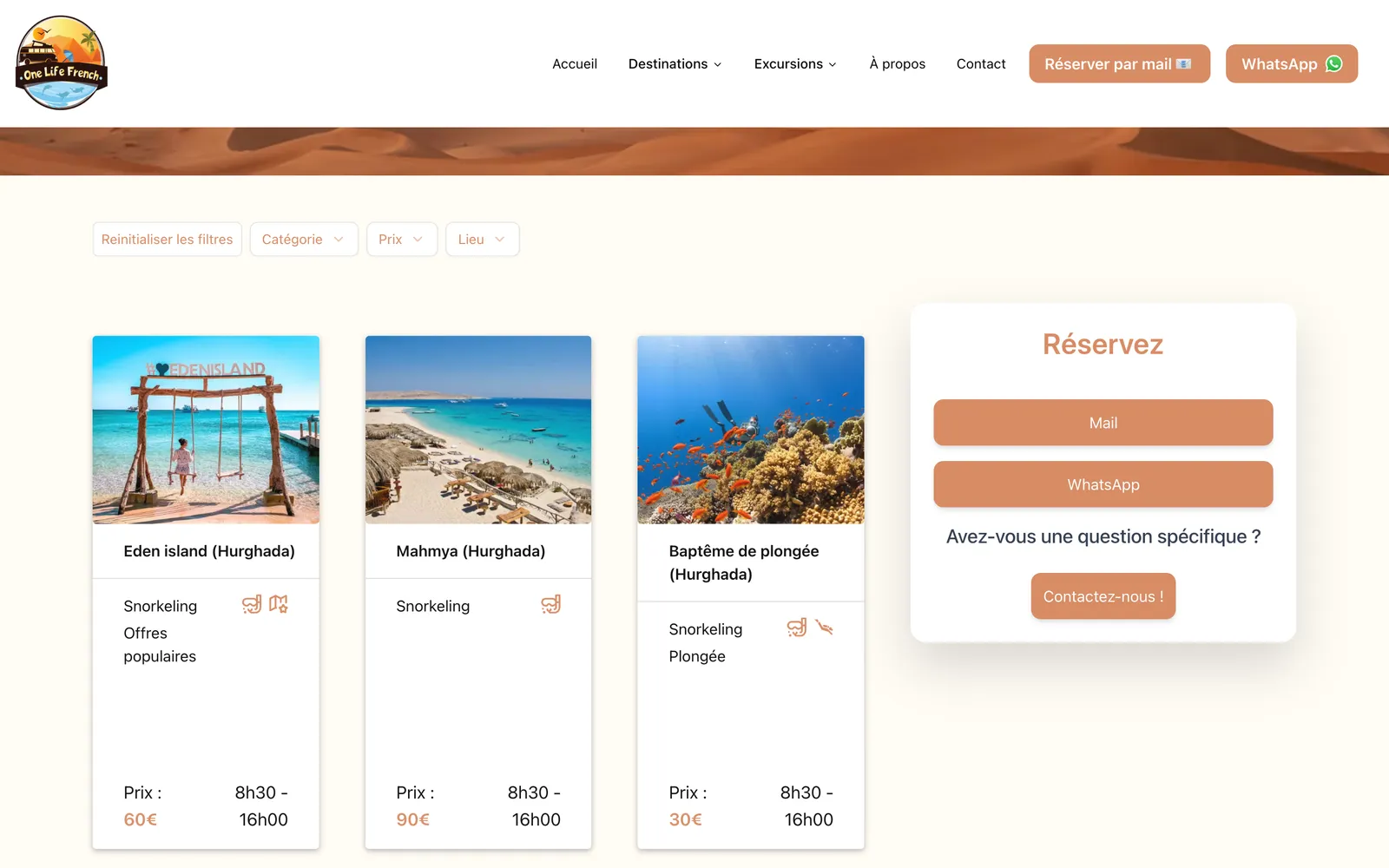 Catalogue d’excursions filtrable à Hurghada