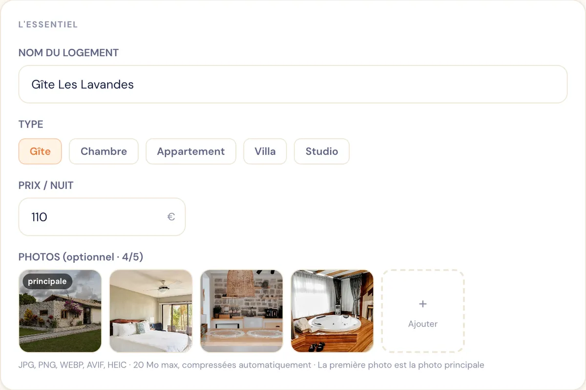 Nalunda : ajout d’un logement avec nom, type, prix par nuit et photos