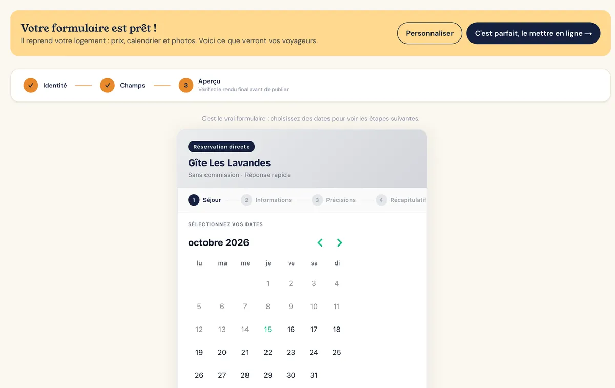 Nalunda : aperçu du formulaire de réservation avec calendrier