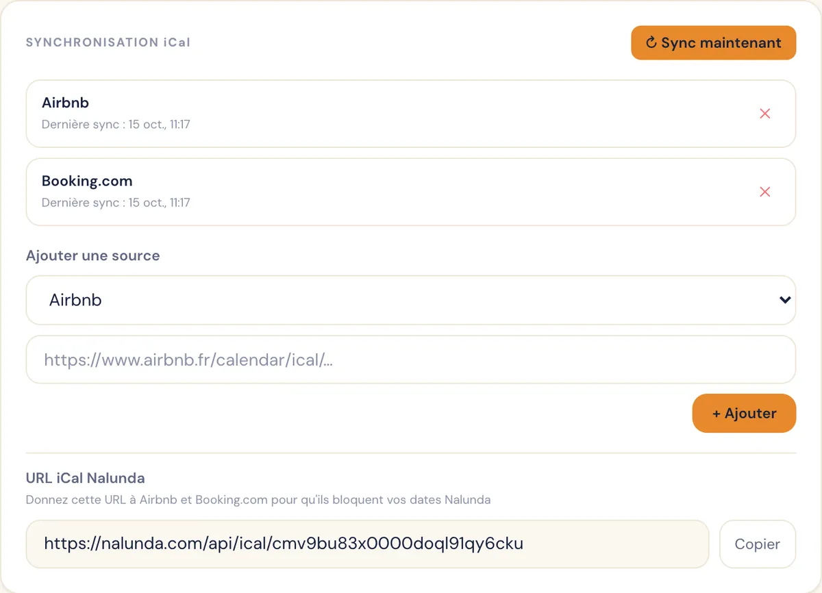 Nalunda : synchronisation iCal avec Airbnb et Booking.com