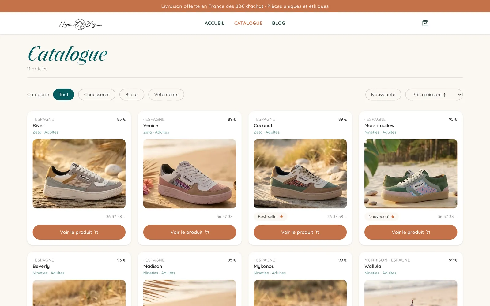 Catalogue de sneakers Neya Bay avec filtres par catégorie